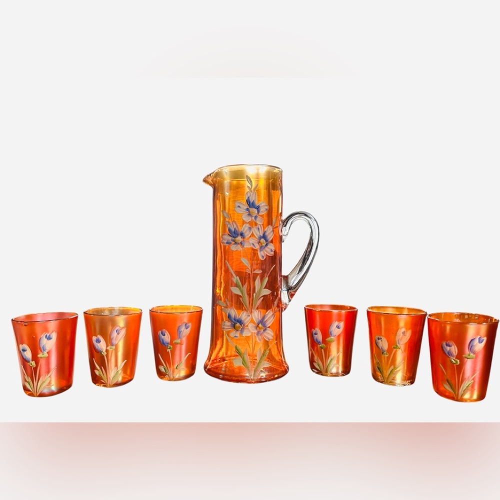 Fenton Enameled Forget-Me-Not Floral water pitcher w/6 Tumblers Set, Marigold